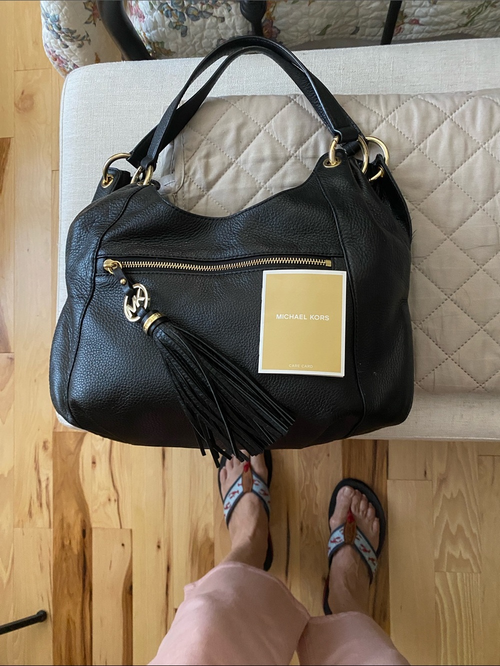 Michael Kors Black Pebbled Leather Shoulder Hobo with Tassel Charm